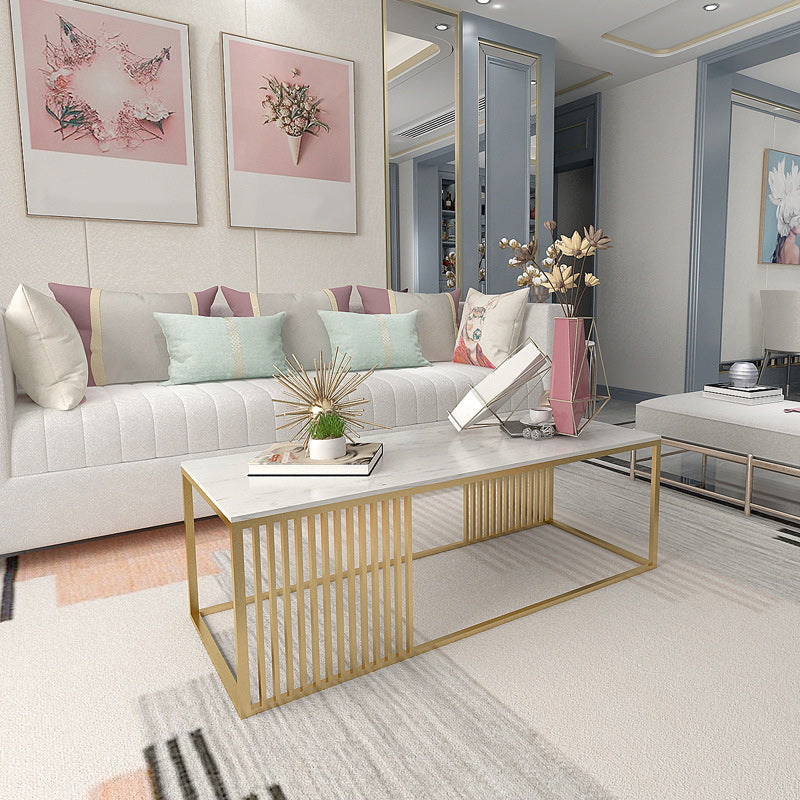 Glam Style Rectangle Coffee Table with Marble Top and Iron Frame Base