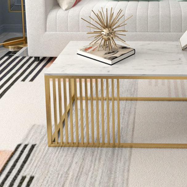 Glam Style Rectangle Coffee Table with Marble Top and Iron Frame Base