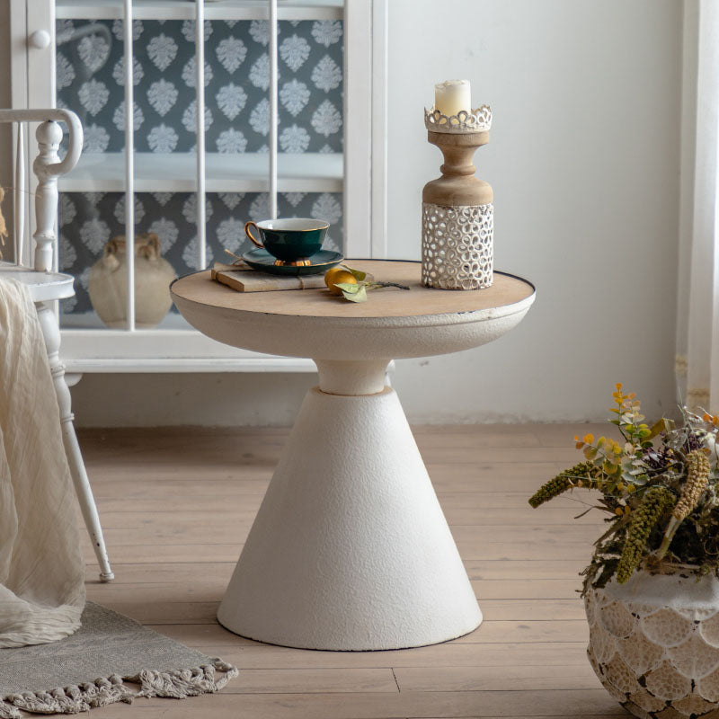 Wood Round Top Side Table 18.9" Tall Iron Pedestal End Table