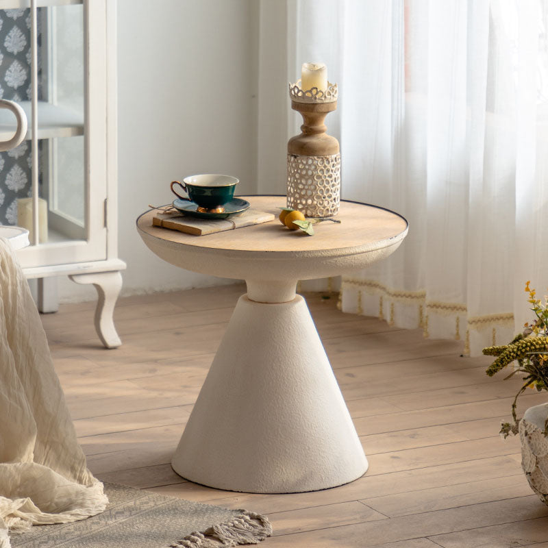 Wood Round Top Side Table 18.9" Tall Iron Pedestal End Table