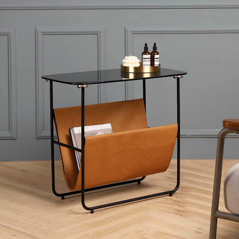 Modern Rectangle Glass Top Side Table 23.2" Tall Iron Sled Base End Table
