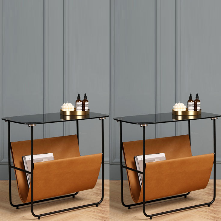 Modern Rectangle Glass Top Side Table 23.2" Tall Iron Sled Base End Table
