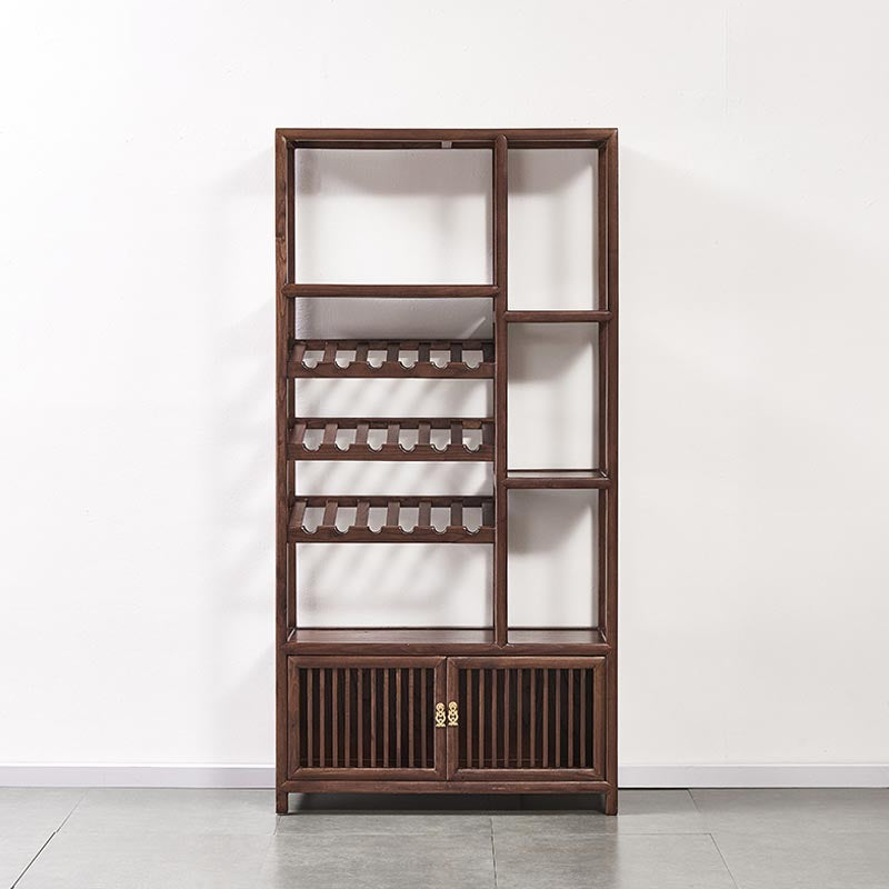 Mid-Century Modern Wood Wine Rack Elm Floor Wine Jail with Shelf