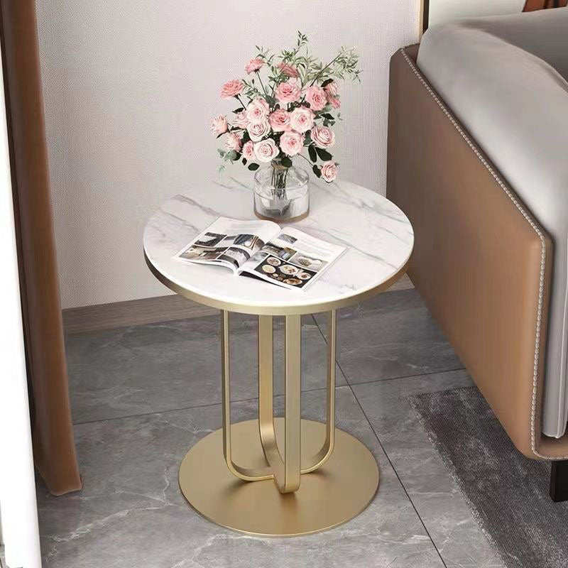 Modern Round Slate Top Side Table 21.65" Tall Metal Pedestal End Table