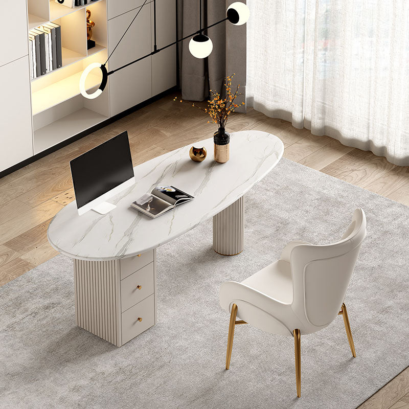 Irregular Shape Office Desk White Office Writing Desk with Metal Legs with 3-drawer