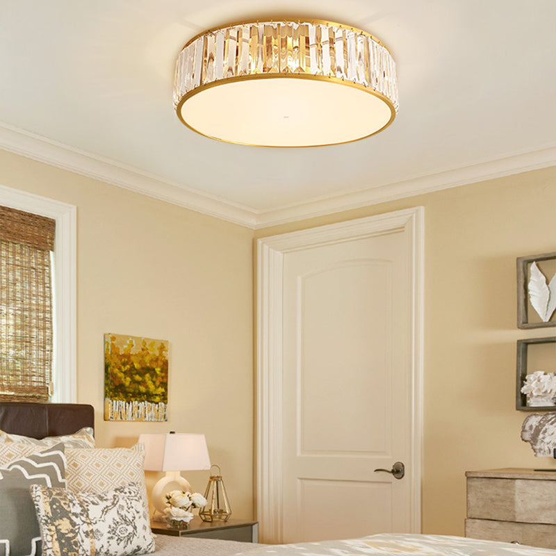 Drum Shade Flush Mount Gold Ceiling Light Fixture with Crystal for Bedroom