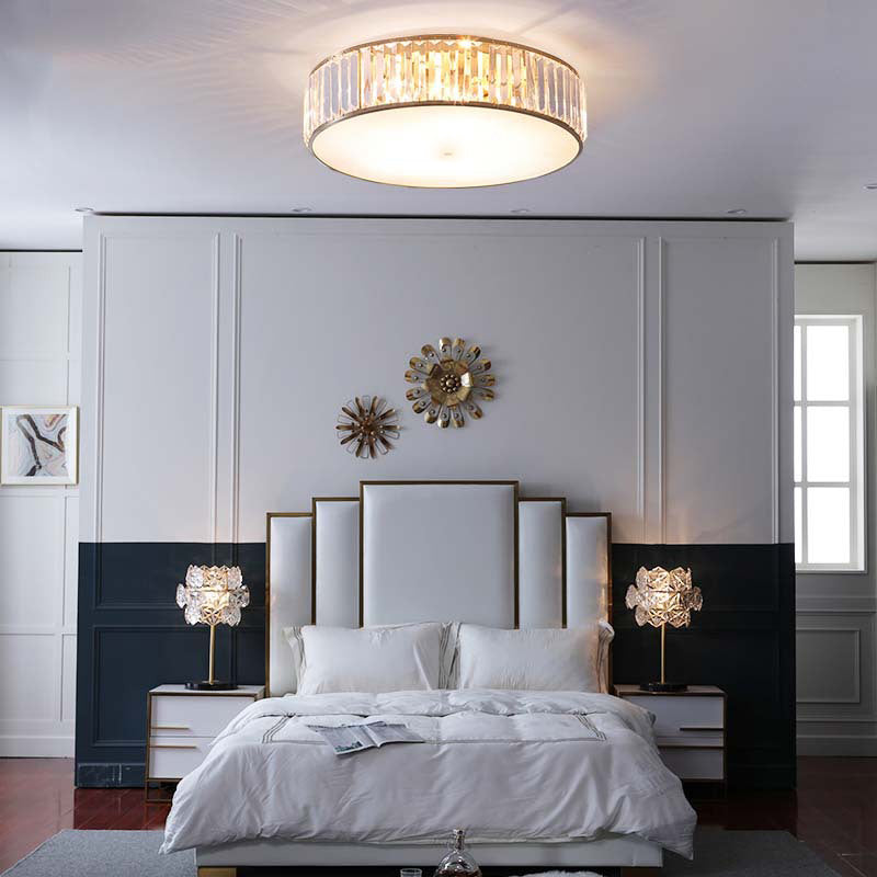 Drum Shade Flush Mount Gold Ceiling Light Fixture with Crystal for Bedroom