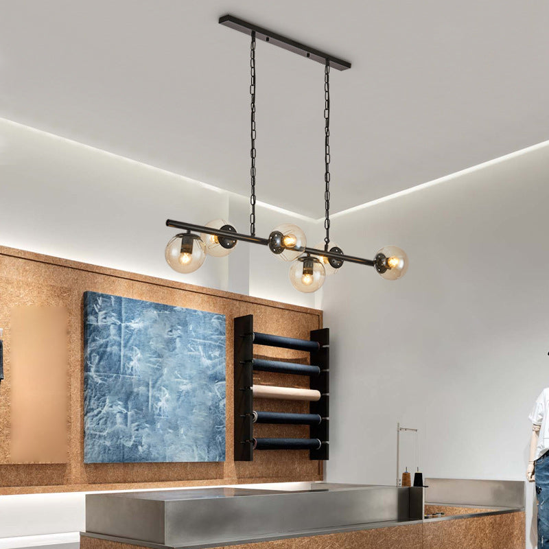 Industrial Black Island Light Globe 6 Lights Island Pendant with Glass for Dining Room