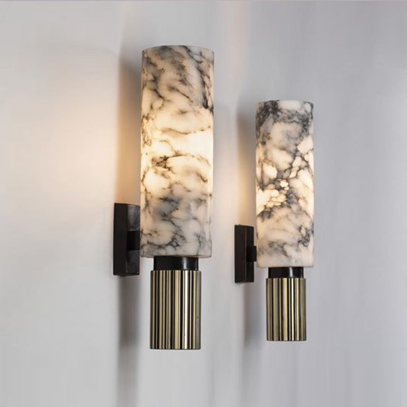 Modern Brass Wall Light Cylinder 13.5" High Wall Sconce with Mica for Living Room
