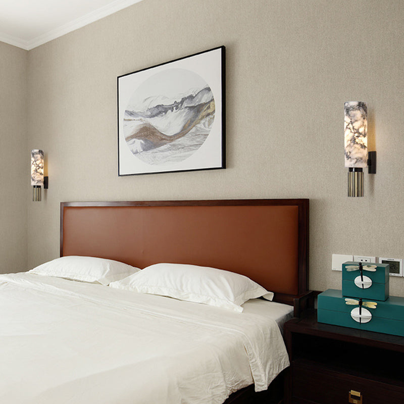 Modern Brass Wall Light Cylinder 13.5" High Wall Sconce with Mica for Living Room