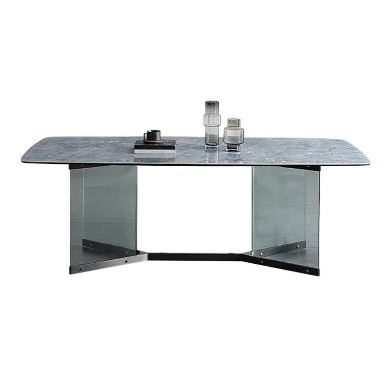 Rectangular Blue Stone Dining Table Modern Tempered Glass Furniture with Trestle Table