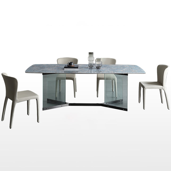 Rectangular Blue Stone Dining Table Modern Tempered Glass Furniture with Trestle Table
