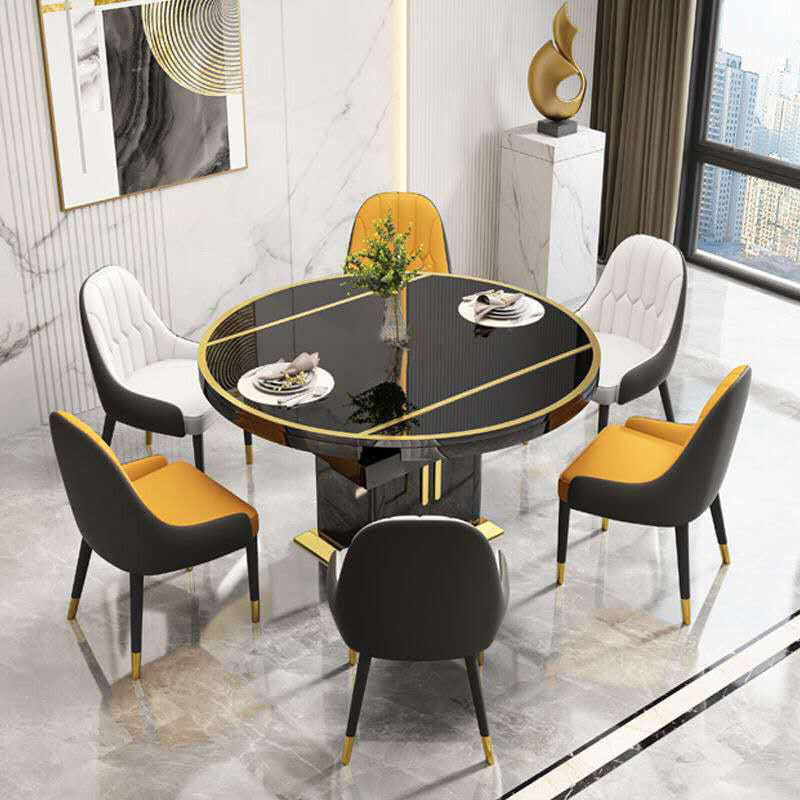 Glass Top Dining Table Modern Extendable Furniture with Pedestal Steel Base