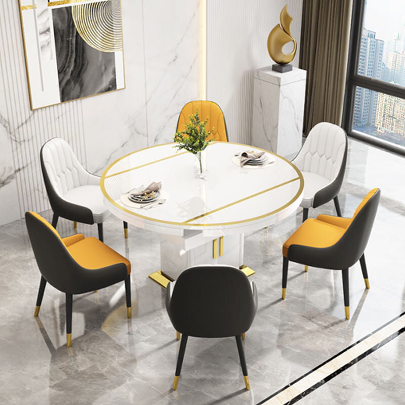 Glass Top Dining Table Modern Extendable Furniture with Pedestal Steel Base