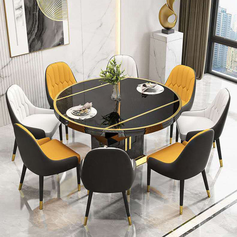 Glass Top Dining Table Modern Extendable Furniture with Pedestal Steel Base