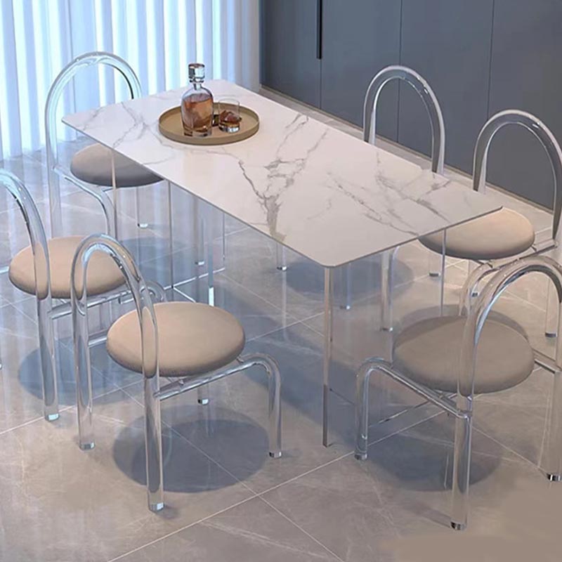 Rectangular Stone Dining Table Modern White Furniture with Acrylic Double Pedestal