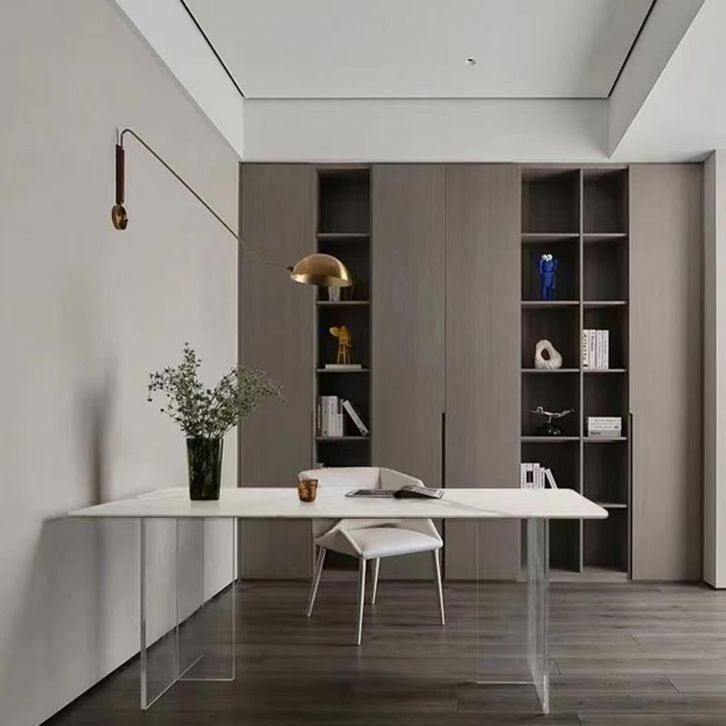 Rectangular Stone Dining Table Modern White Furniture with Acrylic Double Pedestal