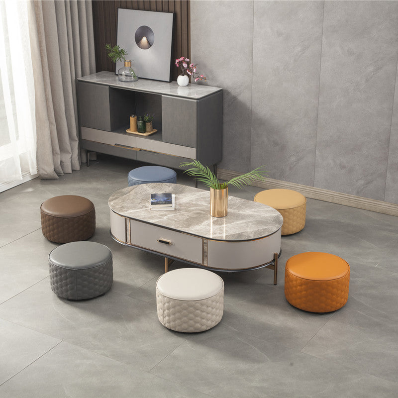 Modern Round Pouf Plain PU Leather Stain Resistant Boucle Ottoman