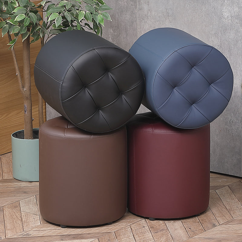 Modern Plain Ottoman Water Resistant Faux Leather Tufted Round Stool Ottoman