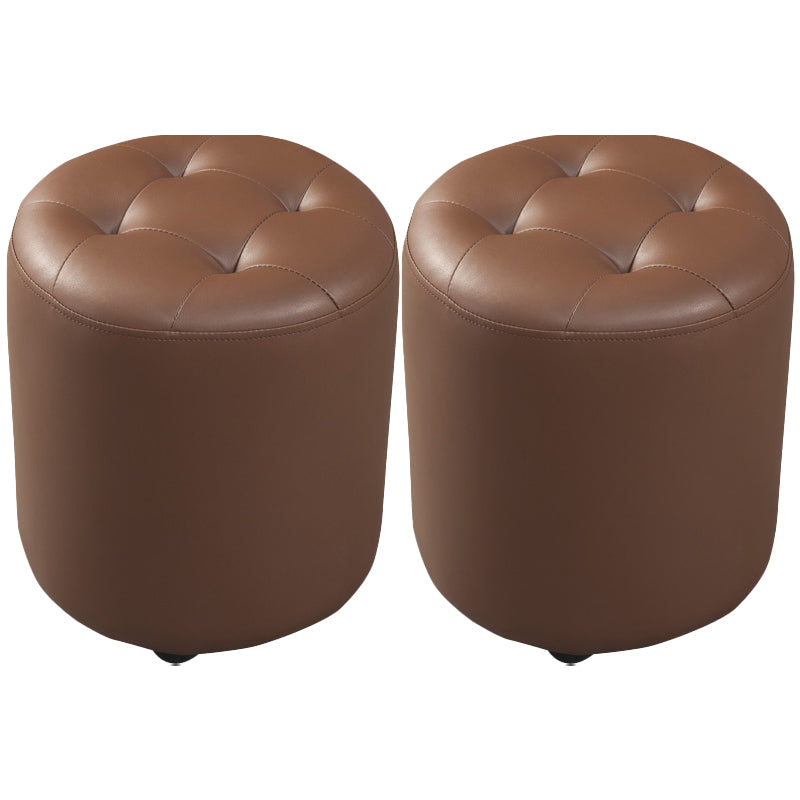 Modern Round Ottoman Solid Color Genuine Leather Tufted Pouf Ottoman