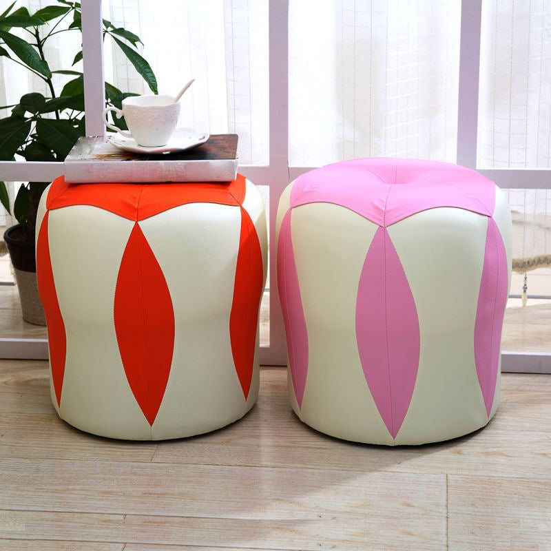 Modern Water Resistant Pouf Round Color Block Leather Indoor Pouf