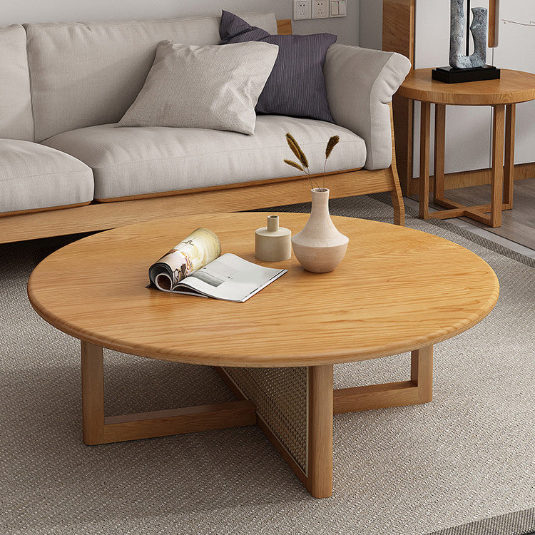 Scandinavian Light Wood Round Coffee Table with Cross Base in Pine Wood