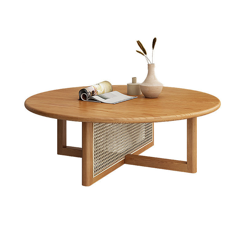 Scandinavian Light Wood Round Coffee Table with Cross Base in Pine Wood