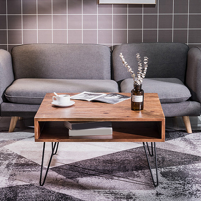 Contemporary Coffee Table with with Brown Top and Black Iron Legs