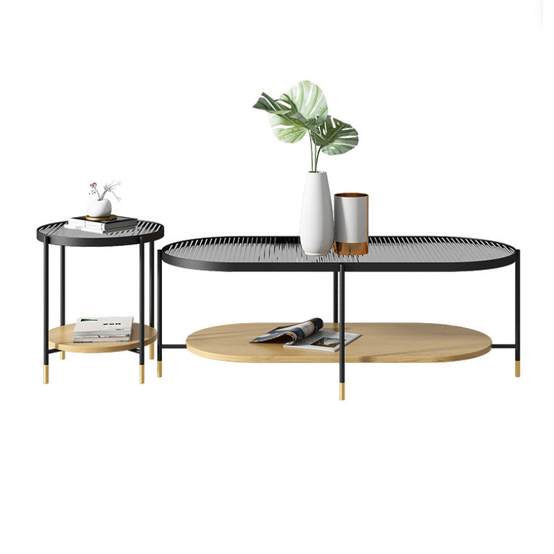 Modern 2 Piece Bunching Tables with Wooden Shelf and 4 Iron Legs