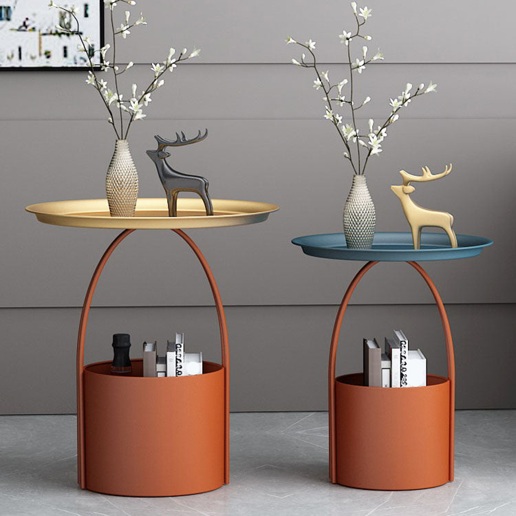 Round Tray Top Side Table Metal Pedestal End Table with Storage