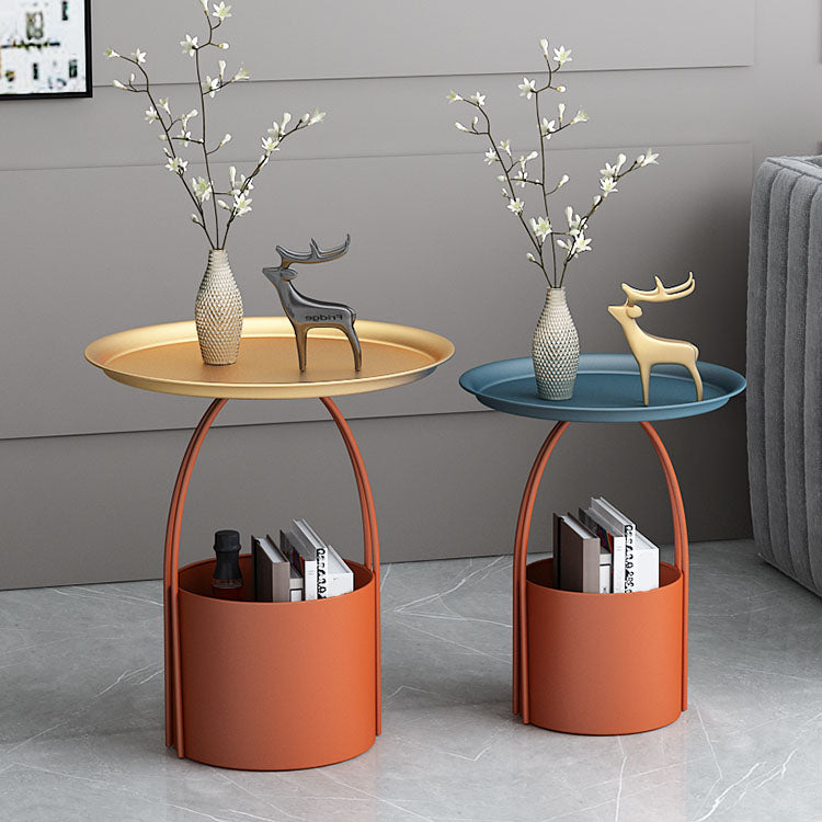Round Tray Top Side Table Metal Pedestal End Table with Storage