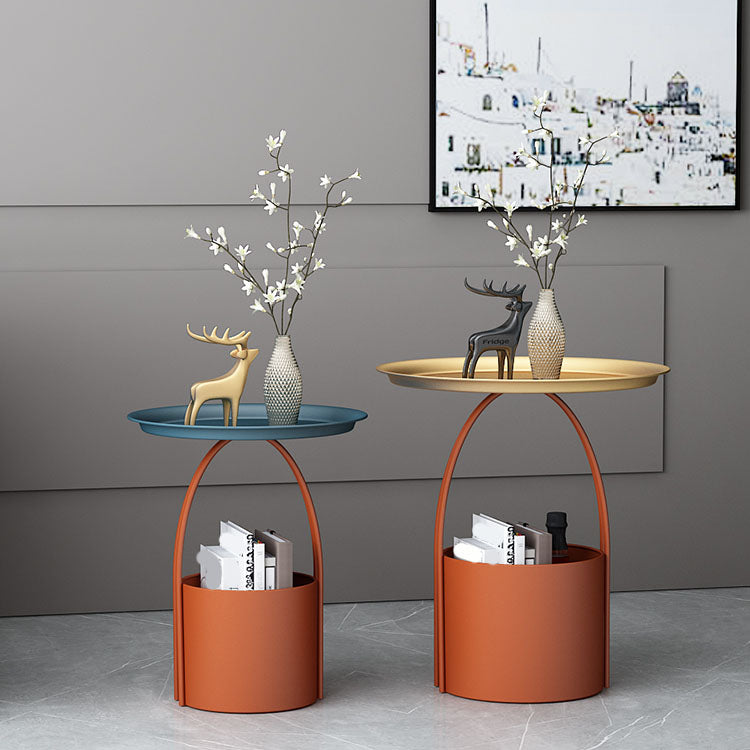 Round Tray Top Side Table Metal Pedestal End Table with Storage