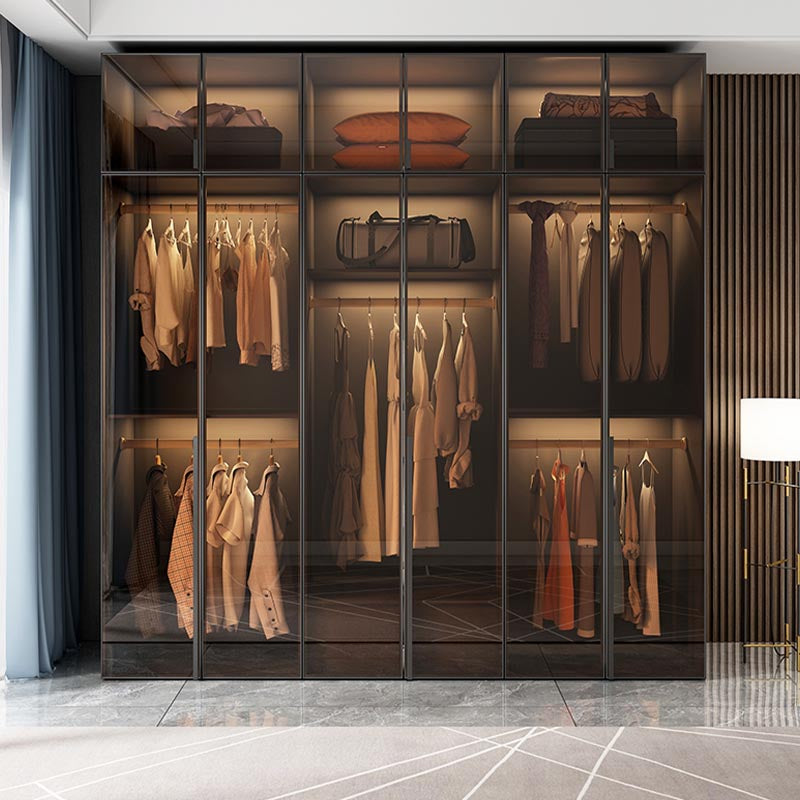 Brown Cabinet with Glass Doors Modern Hinged Door Wardrobe for Home
