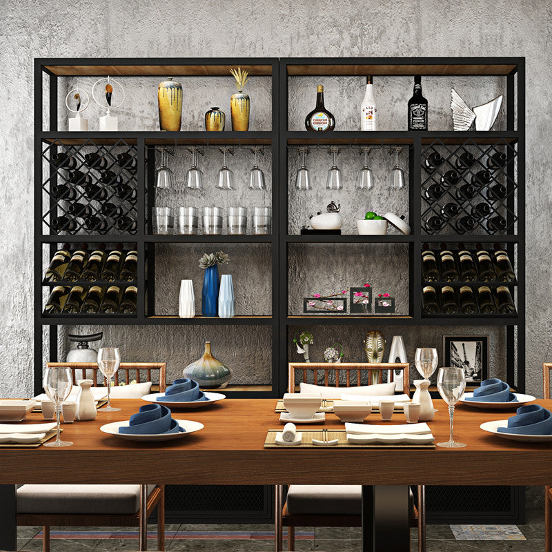 Industrial Freestanding Wine Bottle & Glass Rack Metal Bottle Holder with Shelf