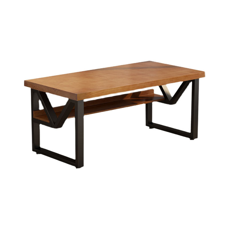 Wooden Rectangular Office Desk Brown Home Writing Desk with Shelf with Metal Legs
