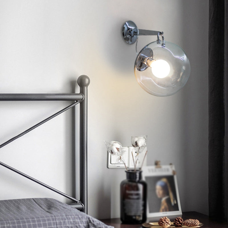 Industrial Metal Wall Light Silver Globe Wall Sconce with Glass for Bedroom