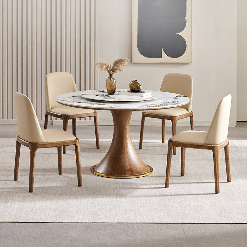 Modern Rotatable Round Table Set 1/4/5/7 Pieces Sintered Stone Top Wooden Round Table Set