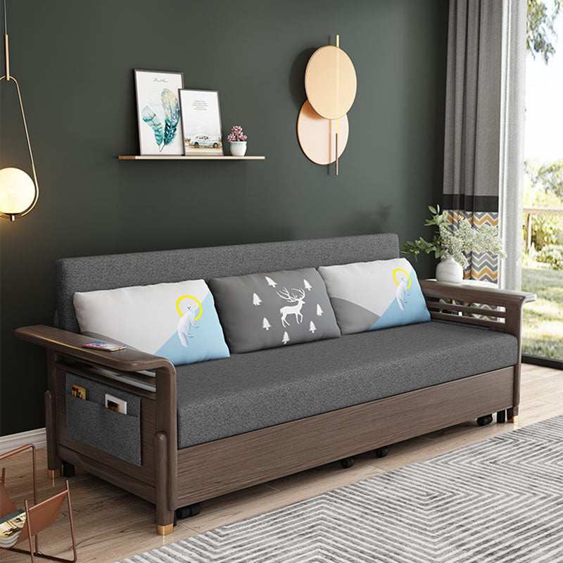 Fabric Sofa Bed with 3 Pillows Solid Wood Sofa in Walnut Finish