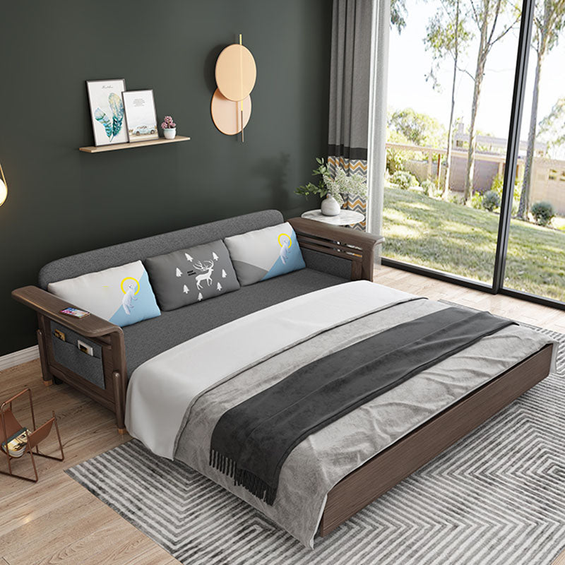 Fabric Sofa Bed with 3 Pillows Solid Wood Sofa in Walnut Finish