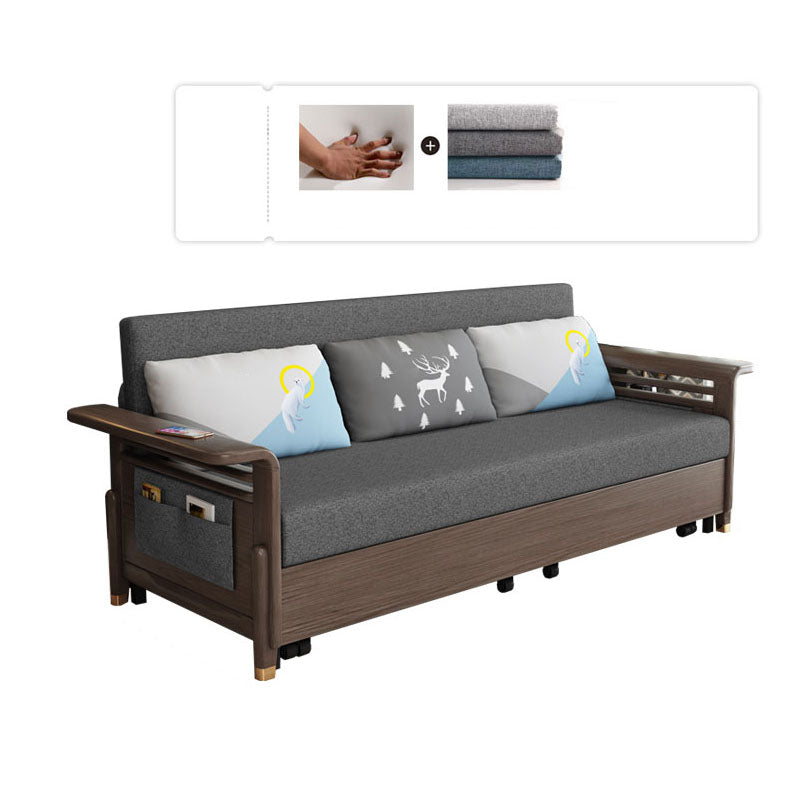 Fabric Sofa Bed with 3 Pillows Solid Wood Sofa in Walnut Finish