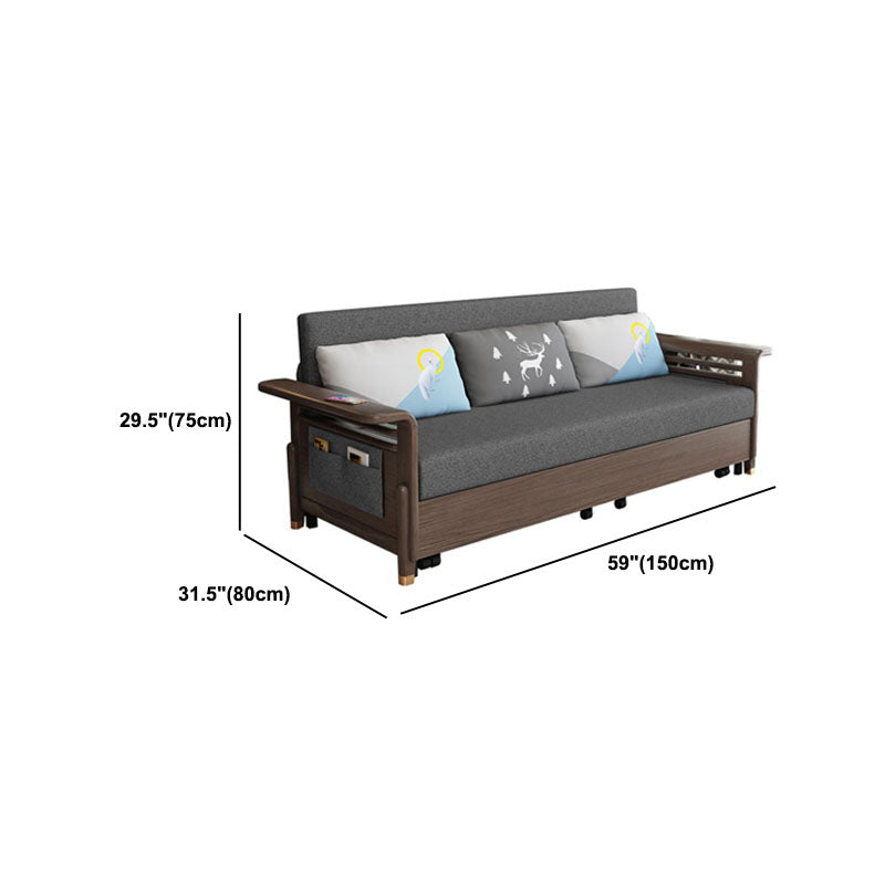 Fabric Sofa Bed with 3 Pillows Solid Wood Sofa in Walnut Finish