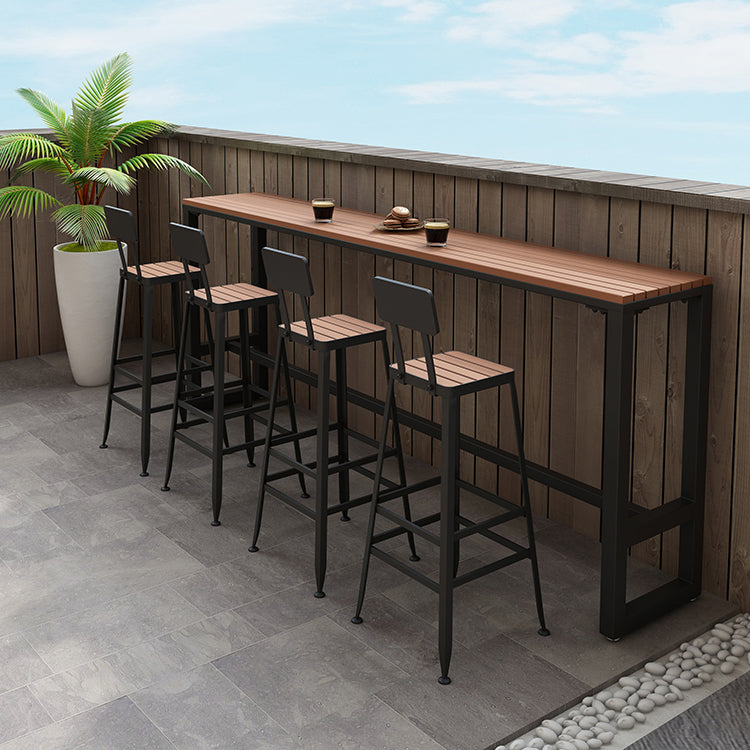 Outdoor Metal and Wood Counter Stool Black Industrial Footrest Dining Stool