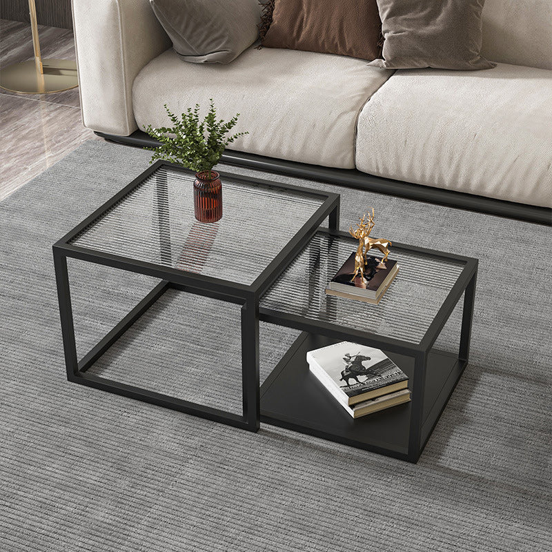 Contemporary Square Nesting Coffee Table Set with Glass Top and Iron Base