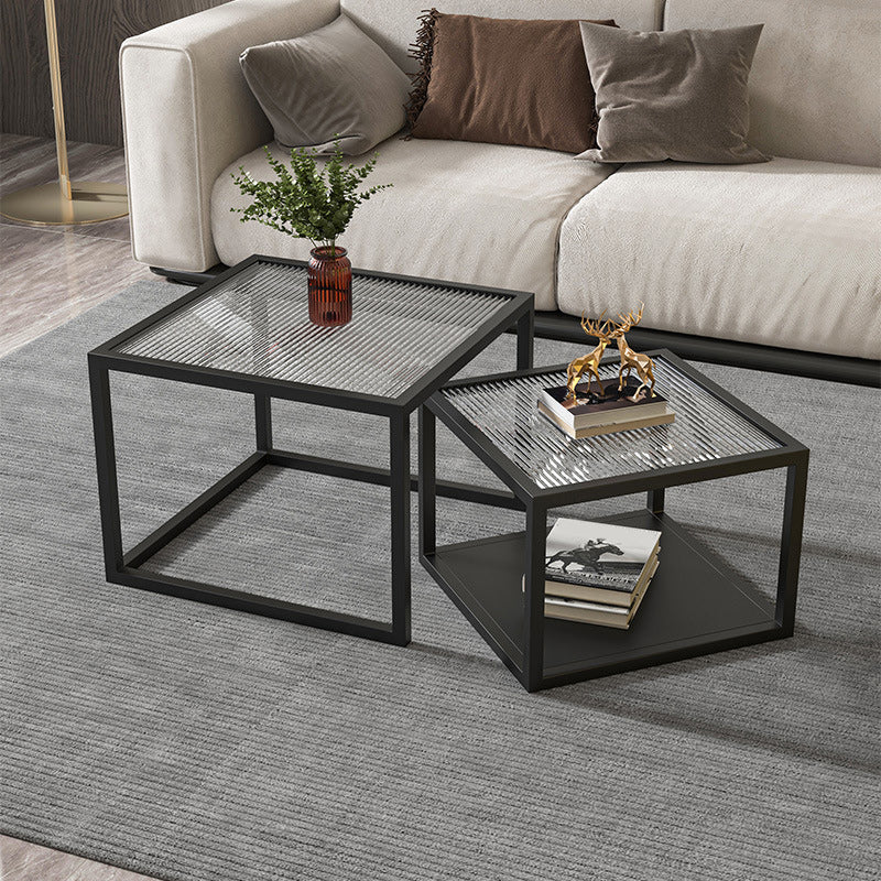 Contemporary Square Nesting Coffee Table Set with Glass Top and Iron Base