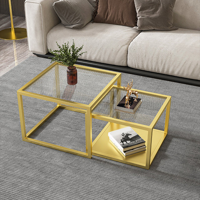 Contemporary Square Nesting Coffee Table Set with Glass Top and Iron Base