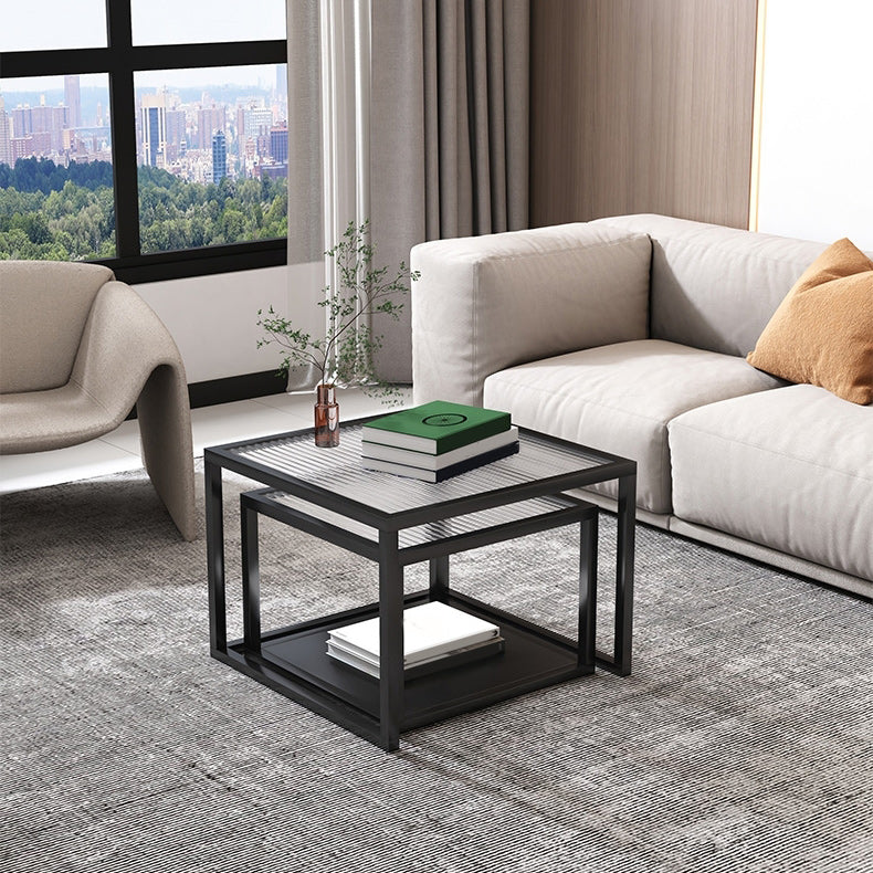 Contemporary Square Nesting Coffee Table Set with Glass Top and Iron Base