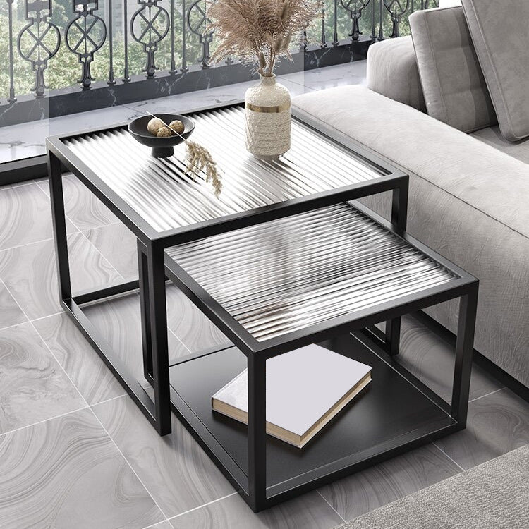 Contemporary Square Nesting Coffee Table Set with Glass Top and Iron Base