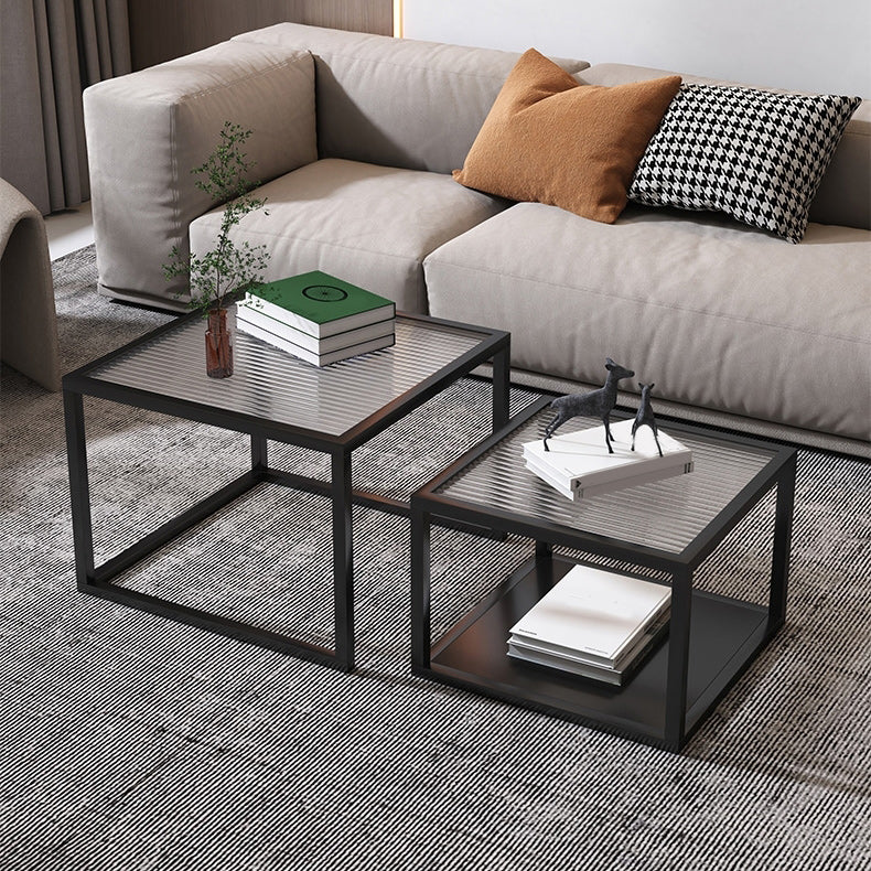 Contemporary Square Nesting Coffee Table Set with Glass Top and Iron Base