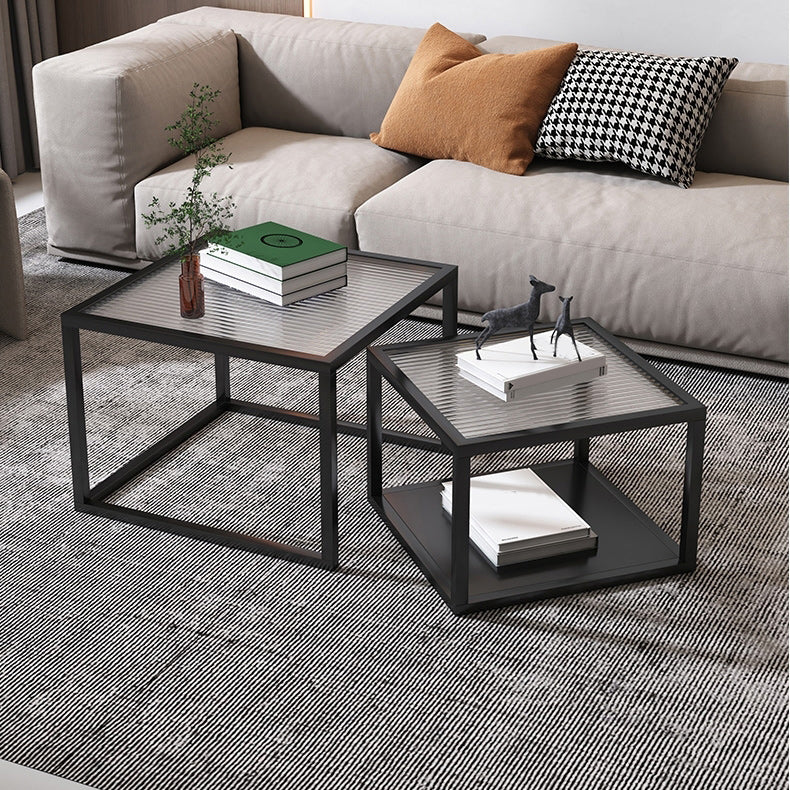 Contemporary Square Nesting Coffee Table Set with Glass Top and Iron Base