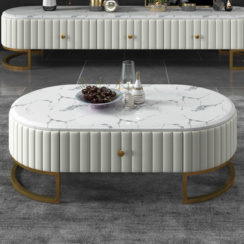 Glam Style Oval Coffee Table with 1 Drawer and Stone Top and Iron Base